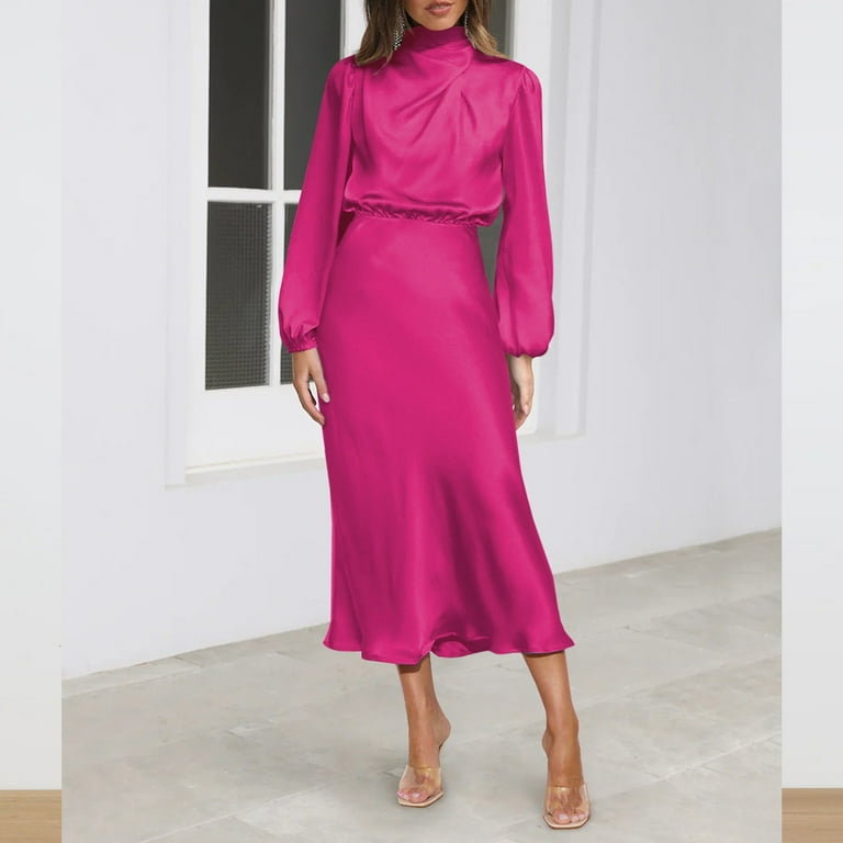 strapless open back dress Hot Pink Satin V-neck Side Slit High Waist Prom Dresses,CP0341