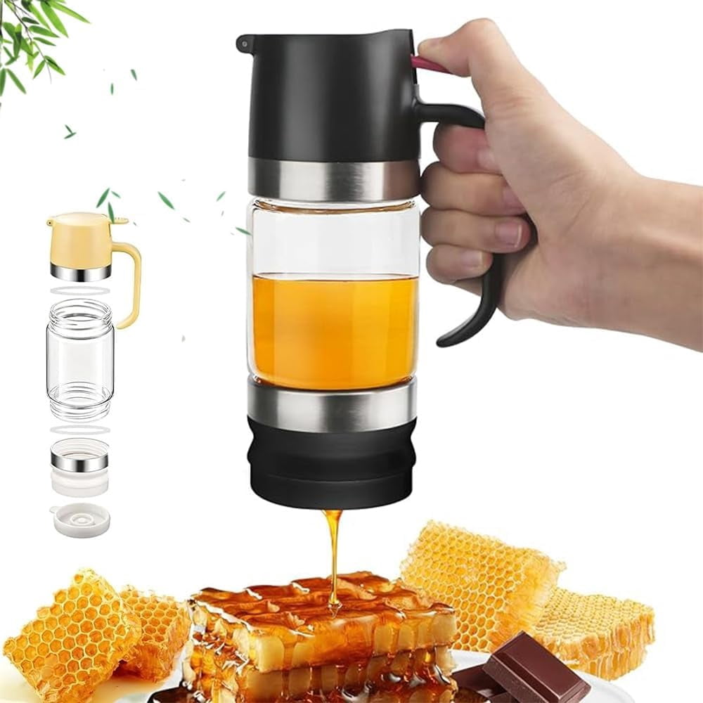 Honey Dispenser No Drip with Base,12 OZ Glass Honey Jar, Refillable No Drip Honey Jar with Handle, Clear Glass Syrup Dispenser for Honey, Maple Syrup, Coffee, Tea & Pancakes(Yellow,300ml)