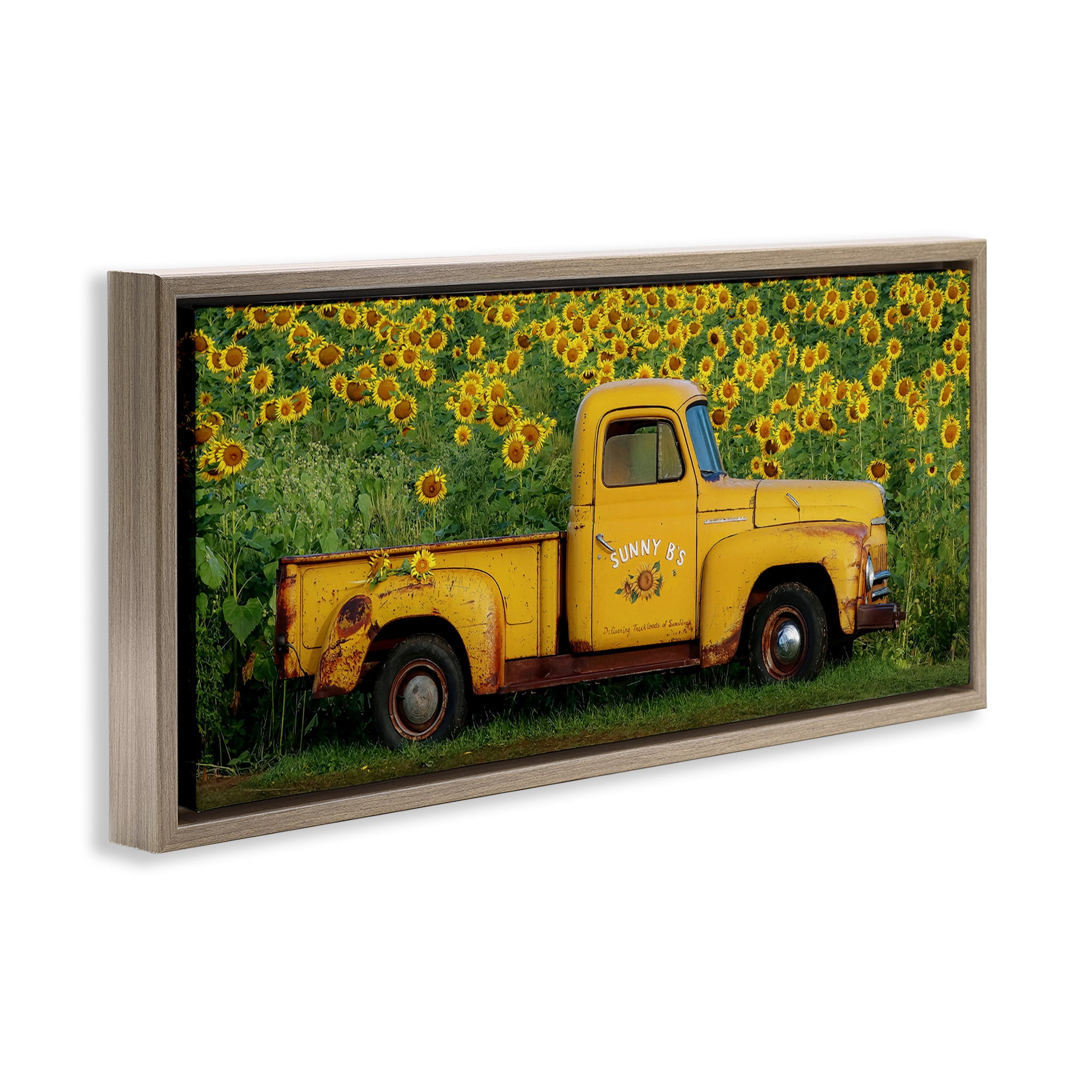 Stupell Industries Yellow Pickup in Sunflower Field Transportation Photography Brown Floater Framed Canvas Art Print Wall Art, 25 x 11