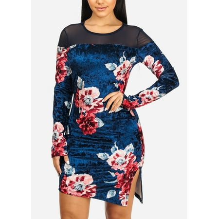 - Womens Juniors Velvet Long Sleeve Round Neckline Mesh Inset Navy Floral Print Dress 30608P
