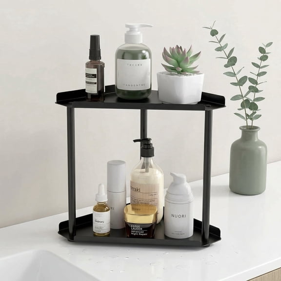 2-Tier Metal Corner Countertop Organizer, Sturdy Bathroom & Vanity Shelf with Guardrails, Space-Saving Storage for Kitchen, Bathroom Essentials