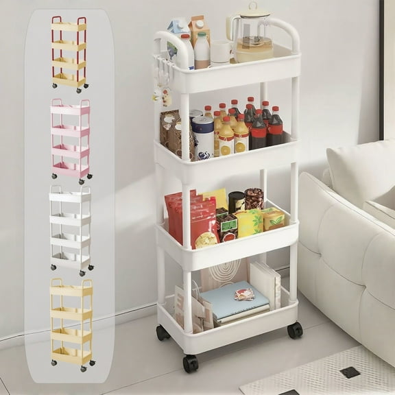 Storage Cart1PC,13.78x8.66x38.19in,4-Tier Organizer with Armrests, Ventilated Shelves, Casters for Kitchen, Bathroom, Living Room Utility(Pink)