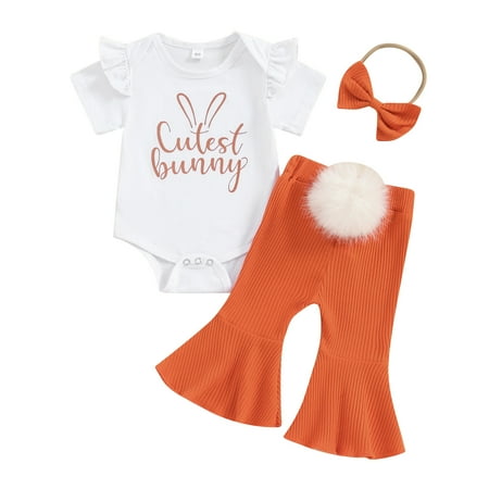 

Newborn Toddler Baby Girl Easter Outfit Bunny Print Short Sleeve Romper Bodysuit Pompon Bell Bottoms Set With Headband