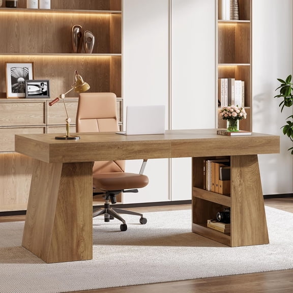 Tribesigns 55-Inch Executive Desk with Drawer, Large Office Computer Desk with Double Pedestal and Storage Shelves