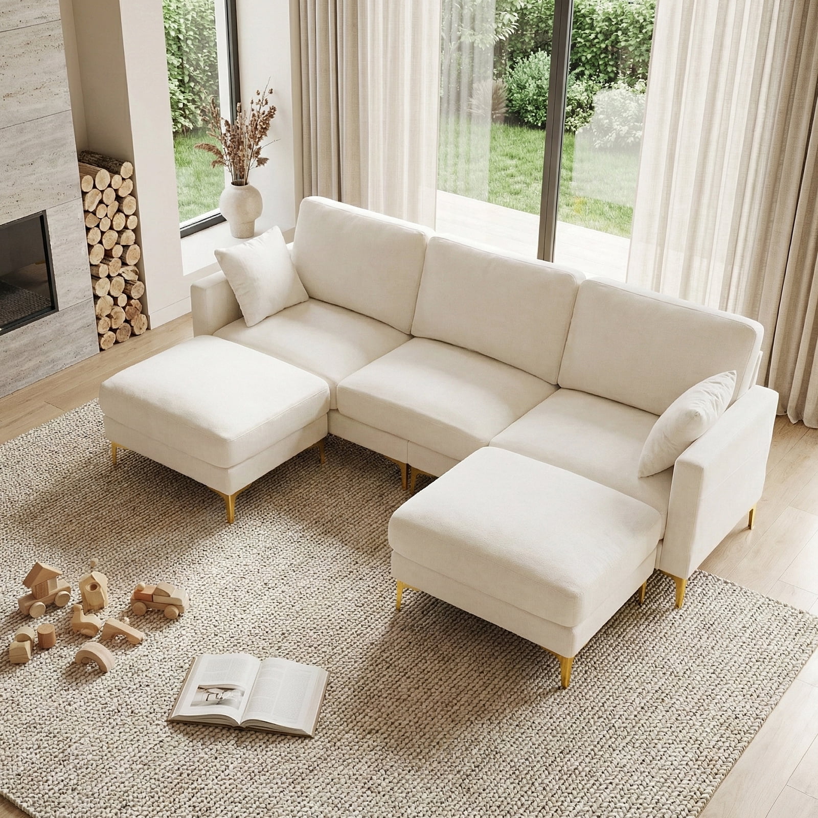 Ktaxon U-Shaped Sofa with 2 Removeable Ottoman Footrests, Flannel Deep Seating Couch for 3, Converts to Sleeper for Bedroom Living Room Furniture Beige