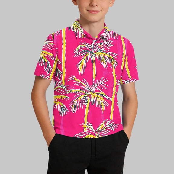ITSAME Boys Polo Shirt, Lapel Button Fashion Print School Uniform Summer Casual Comfortable Tees Red 12-13T