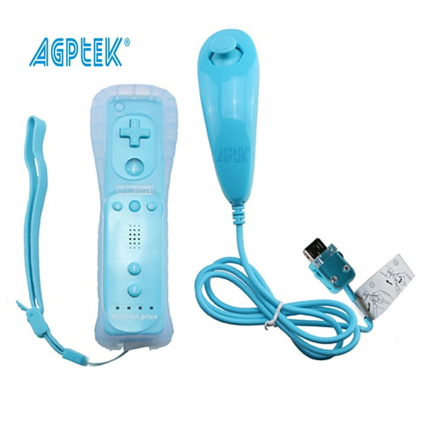 Blue Built-in Motion Plus Remote + Nunchuck Controller For + Silicone + Wrist Strap -