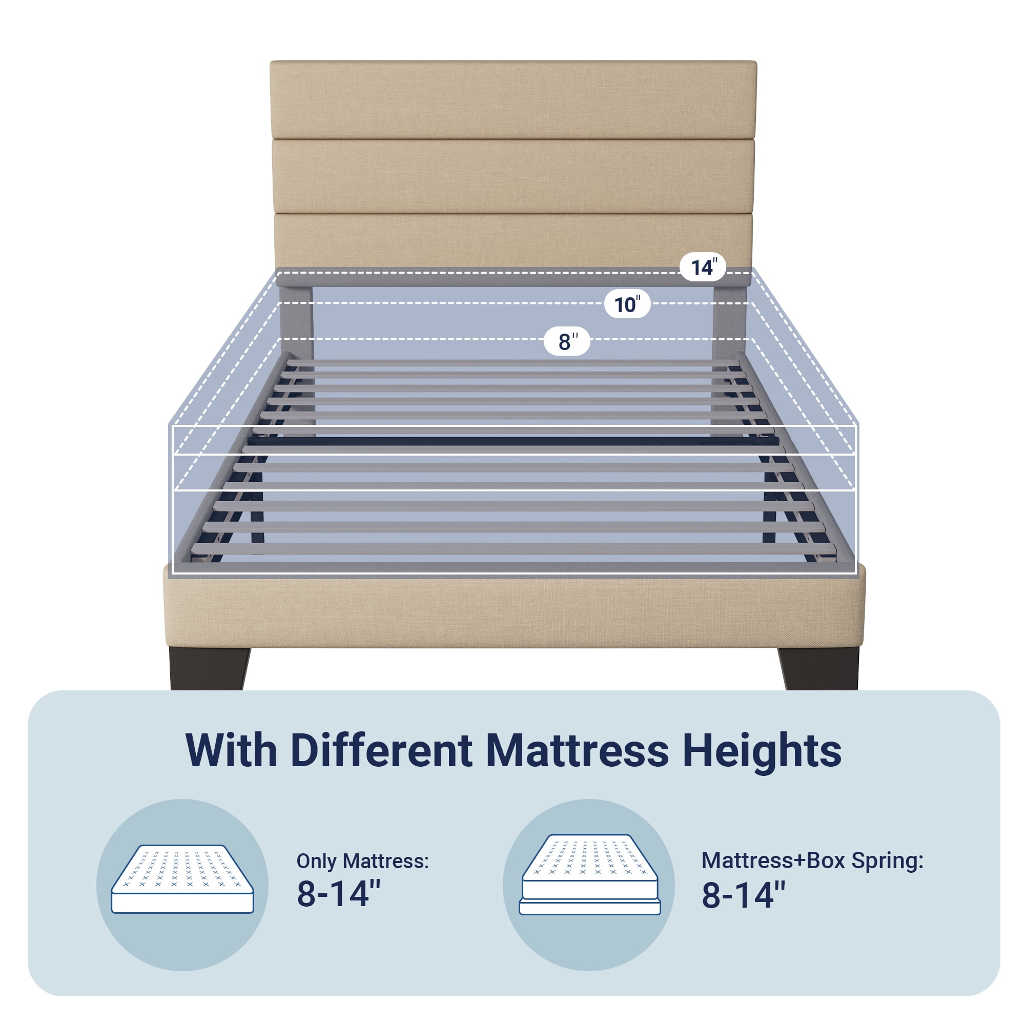Allewie Twin Size Platform Bed Frame with Fabric Upholstered Headboard, No Box Spring Needed, Beige