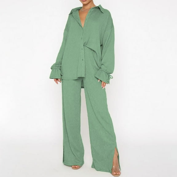 Brilliant 2 Piece Outfit for Women Womens Fall Clothing New Arrivals Women's Long-Sleeved Loose Pleated Wide-Leg Pants Two-Piece Casual Suit Blue XL