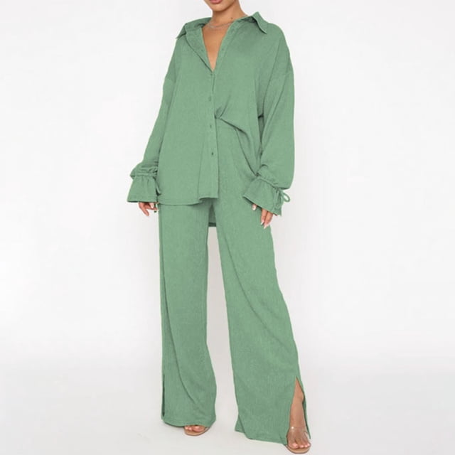 Frostluinai Women's 2 Piece Lounge Sets Ribbed Knit Sets Button Down Shirts Long Sleeve Tops Split Hem Straight Leg Pants Solid Lounge Sets