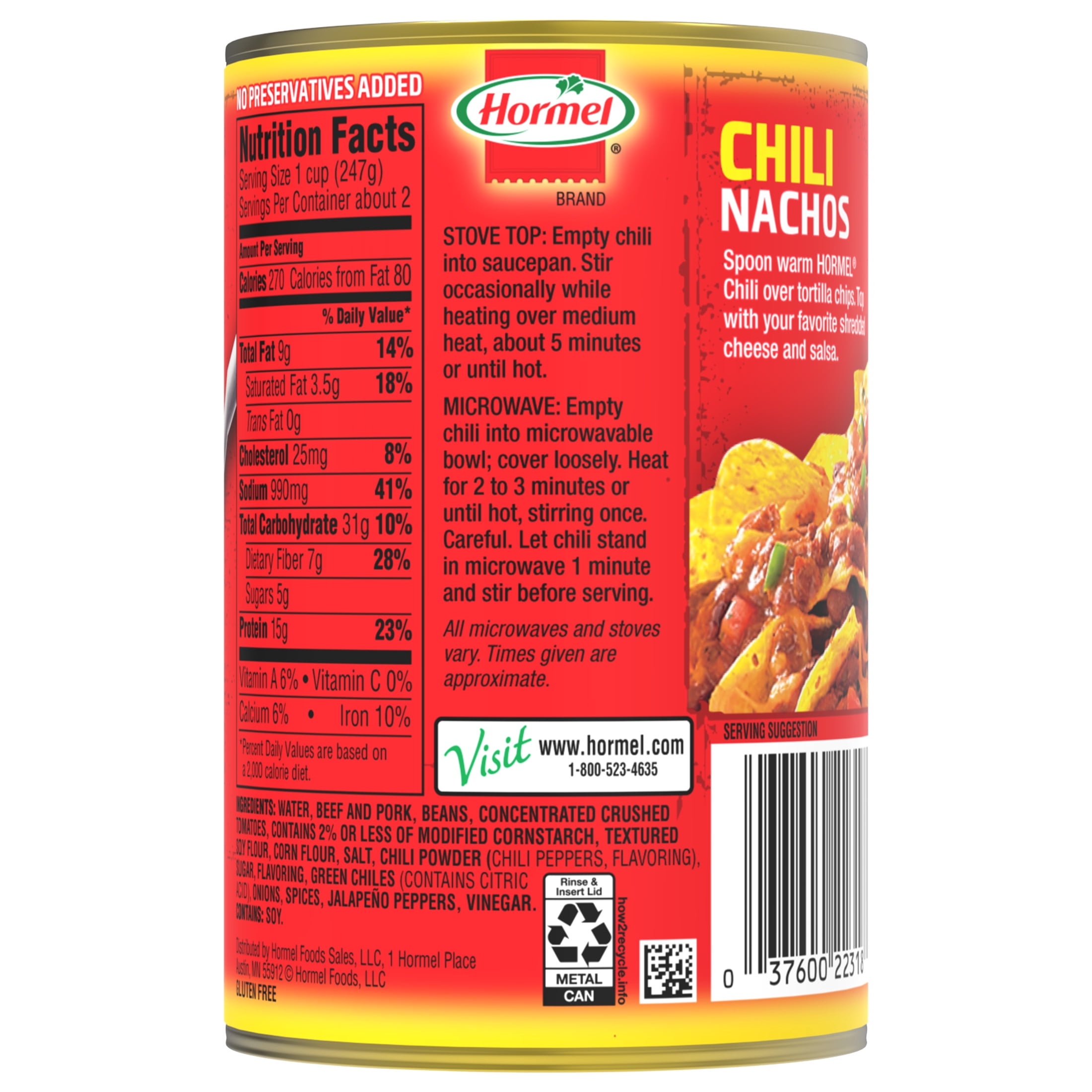 HORMEL Chili with Beans, No Artificial Ingredients, 15 oz Steel Can