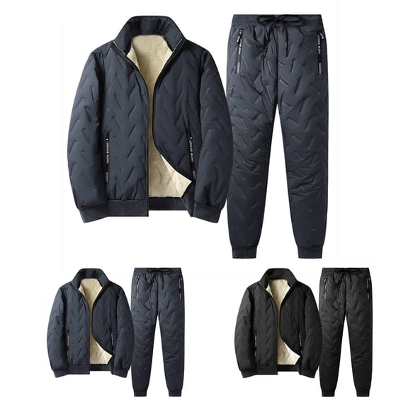 Men's Winter 2-Piece Sportswear Set, Thickened Solid Color Fleece Warm Jacket and Casual Sport Pants, with Pockets For Cold Weather Outdoor,Black,L