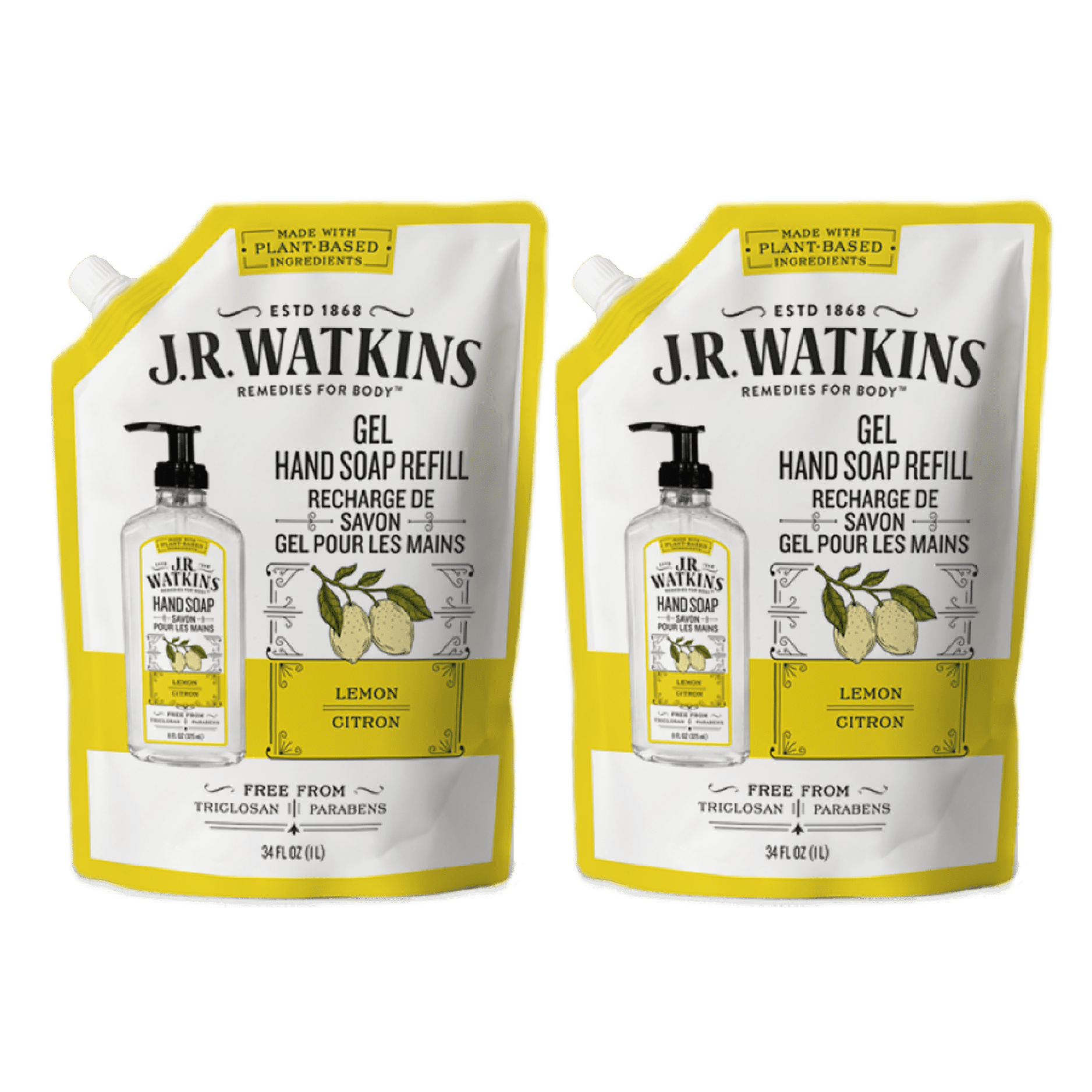 JR Watkins Liquid Hand Soap Refill Pouch, Lemon, 2 Pack, Scented Liquid
