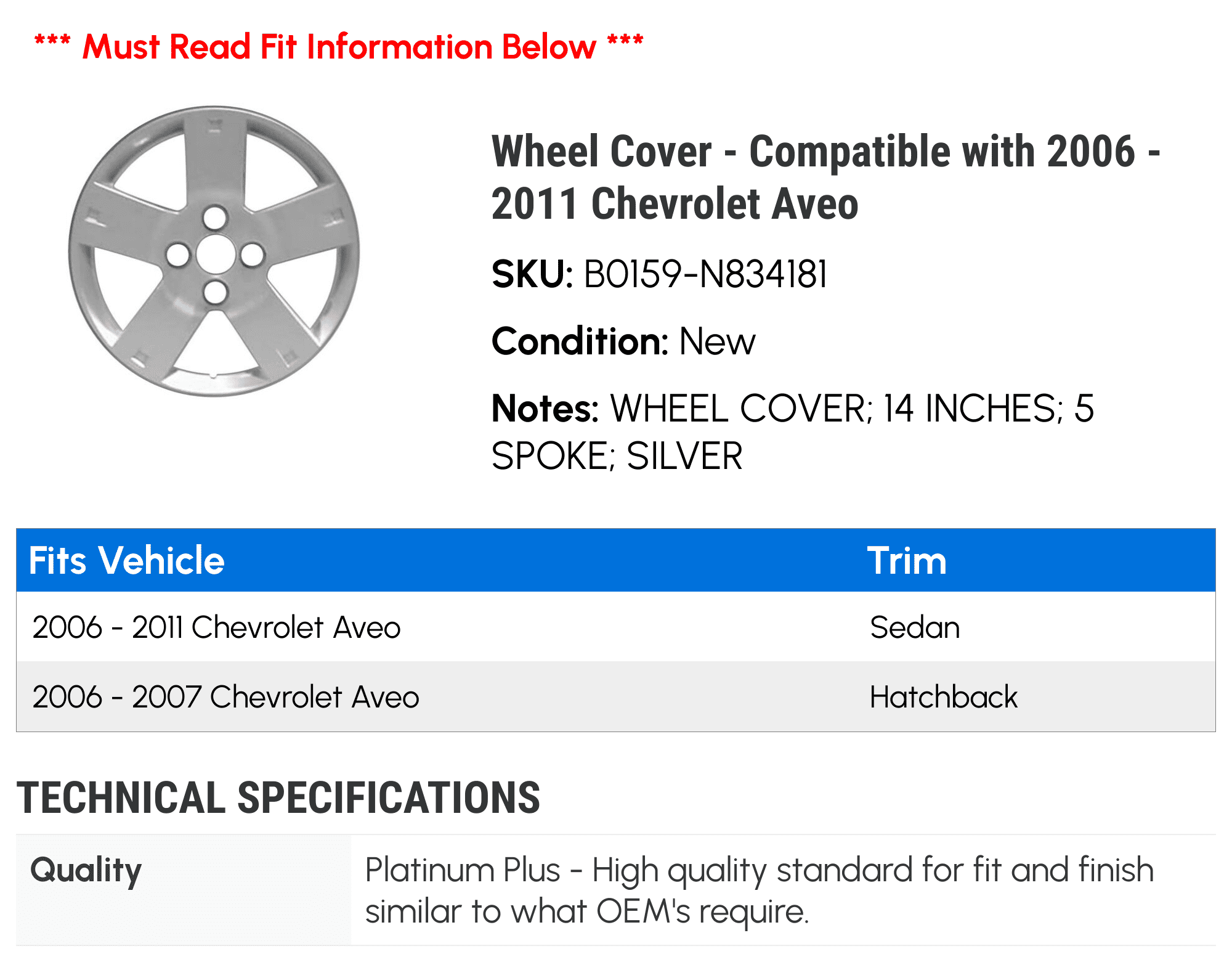Wheel Cover - Compatible with 2006 - 2011 Chevy Aveo 2007 2008 2009 2010