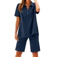 thumbnail image 2 of Mifsaly 2 Piece Short Sets for Women Summer Cotton Linen Short Sleeve V Neck Collared Shirts and Elastic Waist Shorts with Pockets Navy,S, 2 of 8