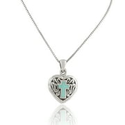 SILVERCLOSEOUT Sterling Silver Blue Enamel Celtic Cross Heart Necklace for Female Adult Women Teen Girls