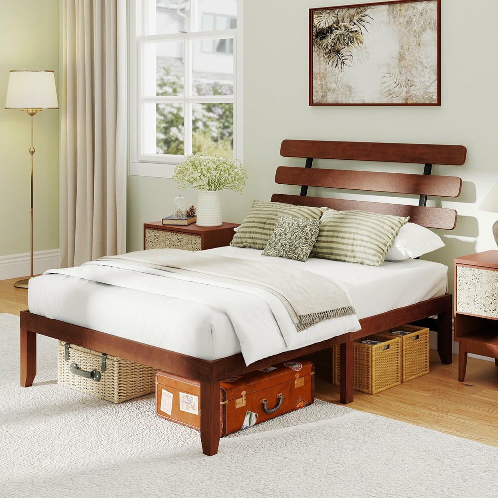 Barara King Full Size Bedroom Bed Frame with Retro Headboard, 15.5 Inch Solid Wood Bed Platform Frame for Apartment, Bedroom, Brown
