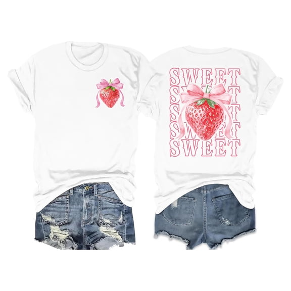 Trendfront Womens Strawberry Graphic T Shirts Crewneck Short Sleeve Front And Back Sweet Fruit Letter Print Cute Summer Casual Tee Tops