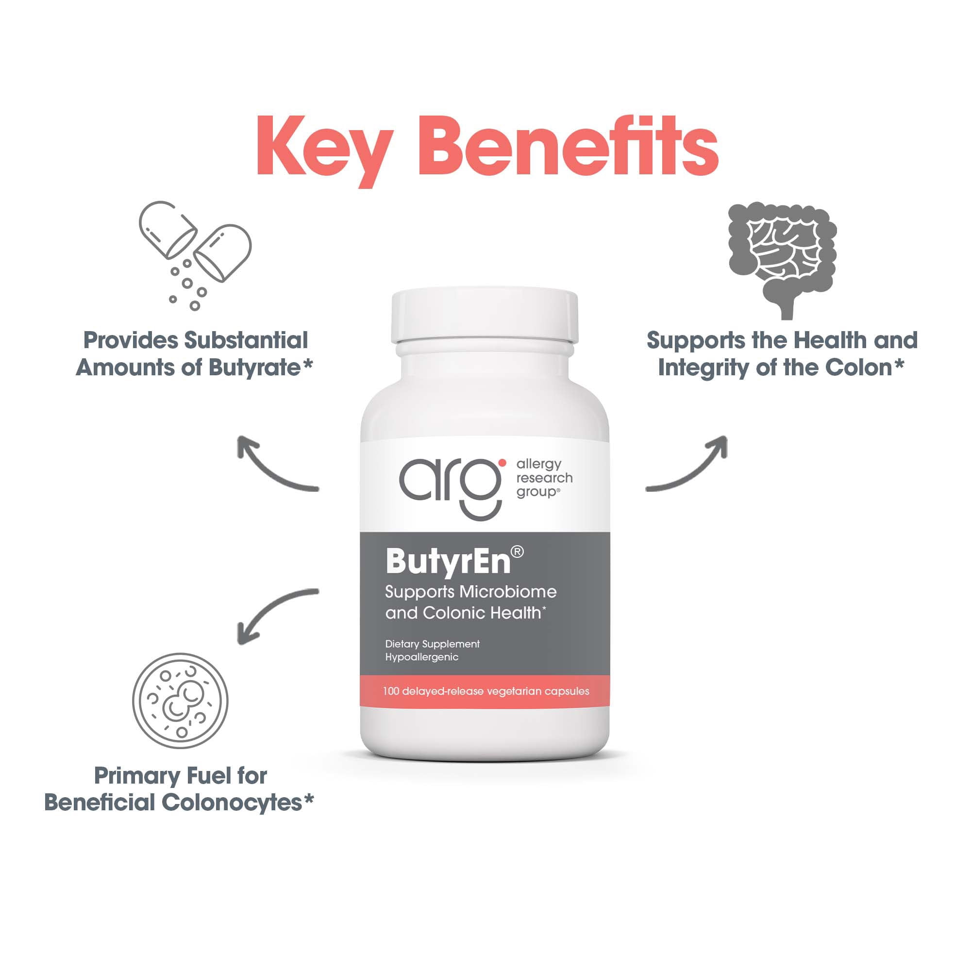 ARG ButyrEn Colon Lining Nutrition - Supports Gut and Colon Health - Digestive Support - Delivers 200 mg - Vegetarian & Hypoallergenic - 100 Servings - 100 Delayed-Release Capsules