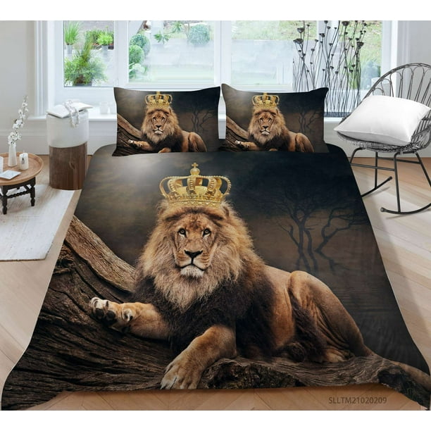 Crown Lion Animal Themed Duvet Cover Set, Jungle Lion Pattern Bedding ...