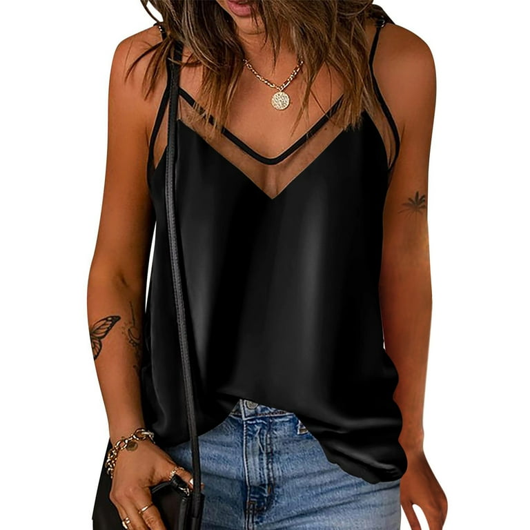 RQYYD Reduced Summer Tank Tops for Women Mesh V Neck Spaghetti Strap  Camisole Loose Fit Satin Sleeveless Shirts Summer Casual Flowy Shirt  Blouse(Black,S) 