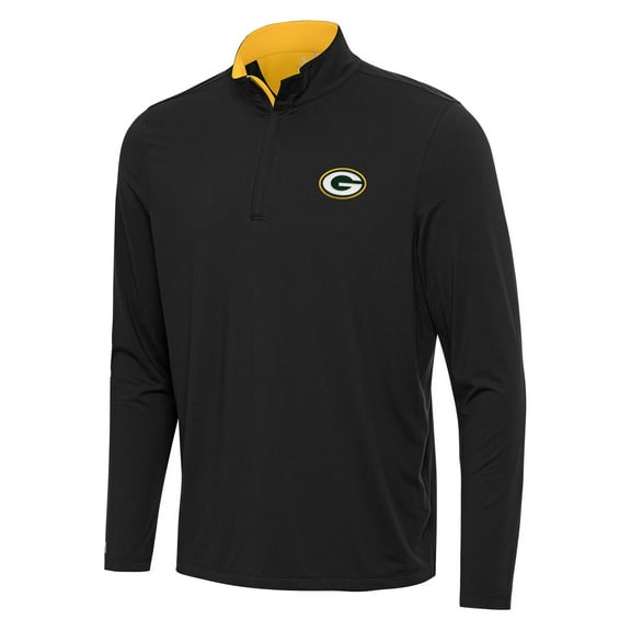 Men's Antigua Black/Gold Green Bay Packers Content Quarter-Zip Pullover Top