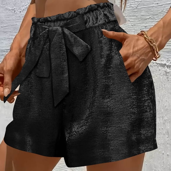 Women's Solid Color Casual Shorts with Elastic Waist and Gold Bow Embellishment