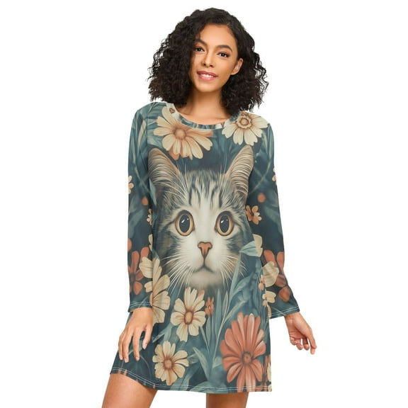 FORMRS Womens Long Sleeve Nightgowns Crew Neck Sleep Shirt Soft Pajamas Sizes S-3XL, Flowers Cat