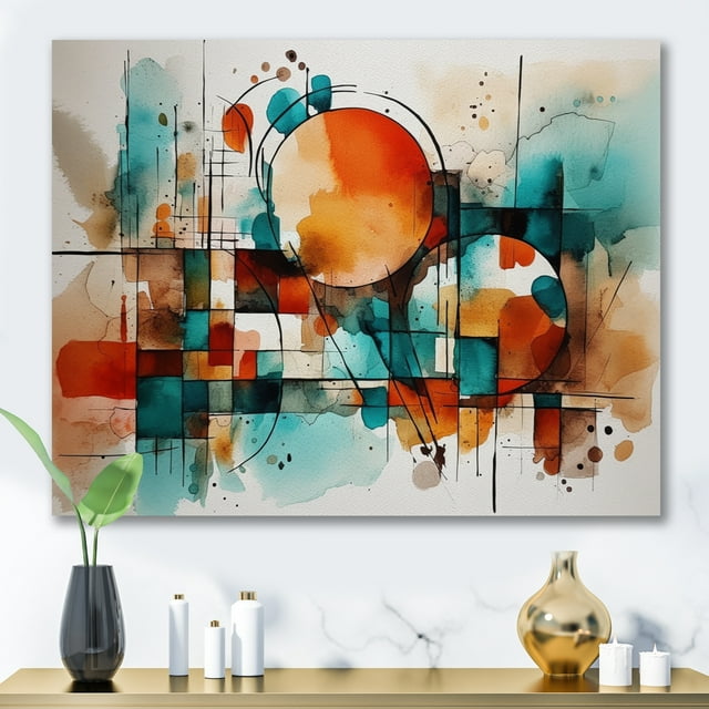 Designart Abstract Geometric Oversized Wall art decor, Geometric Wall art, Energetic Geometric Patterns in Orange , Orange Modern Canvas wall art, 20x12 inches