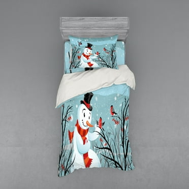 Ambesonne Christmas Bedding Set 3 Pcs, Snowy Winter Tree, Twin, Almond Green Orange