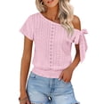 thumbnail image 2 of Lenpel Women's off One Shoulder Crop Tops Short Sleeve Tie Side Cinch Bottom Eyelet Embroidered T-Shirts Dressy Casual Tee Blouses, 2 of 7