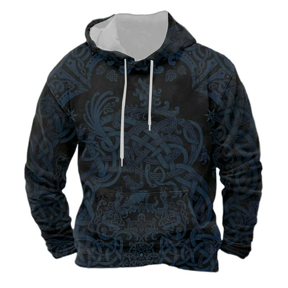 LUOGENLI Hoodies for Men Carhartt White European Norse Mythology Hooded Retro Casual Printed Hooded Sweatshirt Mens Hoodies Blue Size XXL