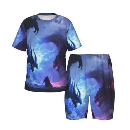Picia Red And Blue Fire Dragon Printed Boys  Kids-PJ Snug Fit Cotton Short Sleeve Top and Shorts 2 Piece Pajama Set-X-Large