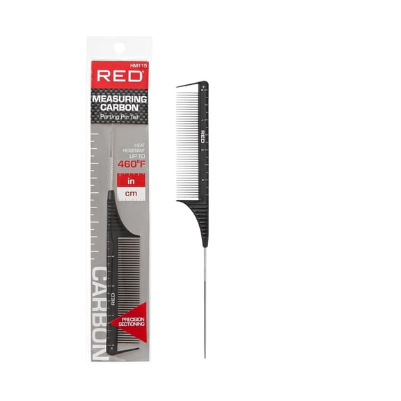 RED by Kiss Carbon Measuring Parting Rat Tail Comb, Heat-Resistant Sectioning Comb with Inch & Centimeter Markings for Braids, Locs & Precise Styling