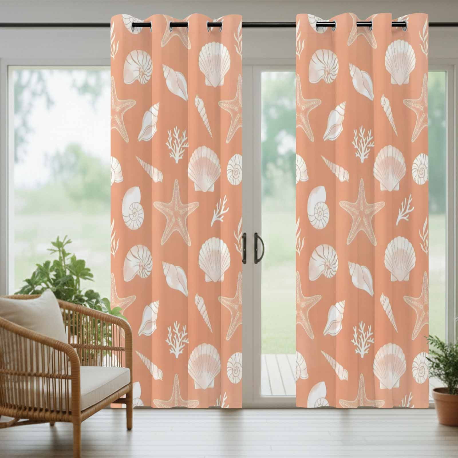 Marine Life Outdoor Curtains for Patio, White Starfish Shell Conch Coral Gradient Orange Sunshade Privacy Drapes Grommet Waterproof Outside Curtains for Porch/Cabana/Balcony 54"x 108", 1 Panel