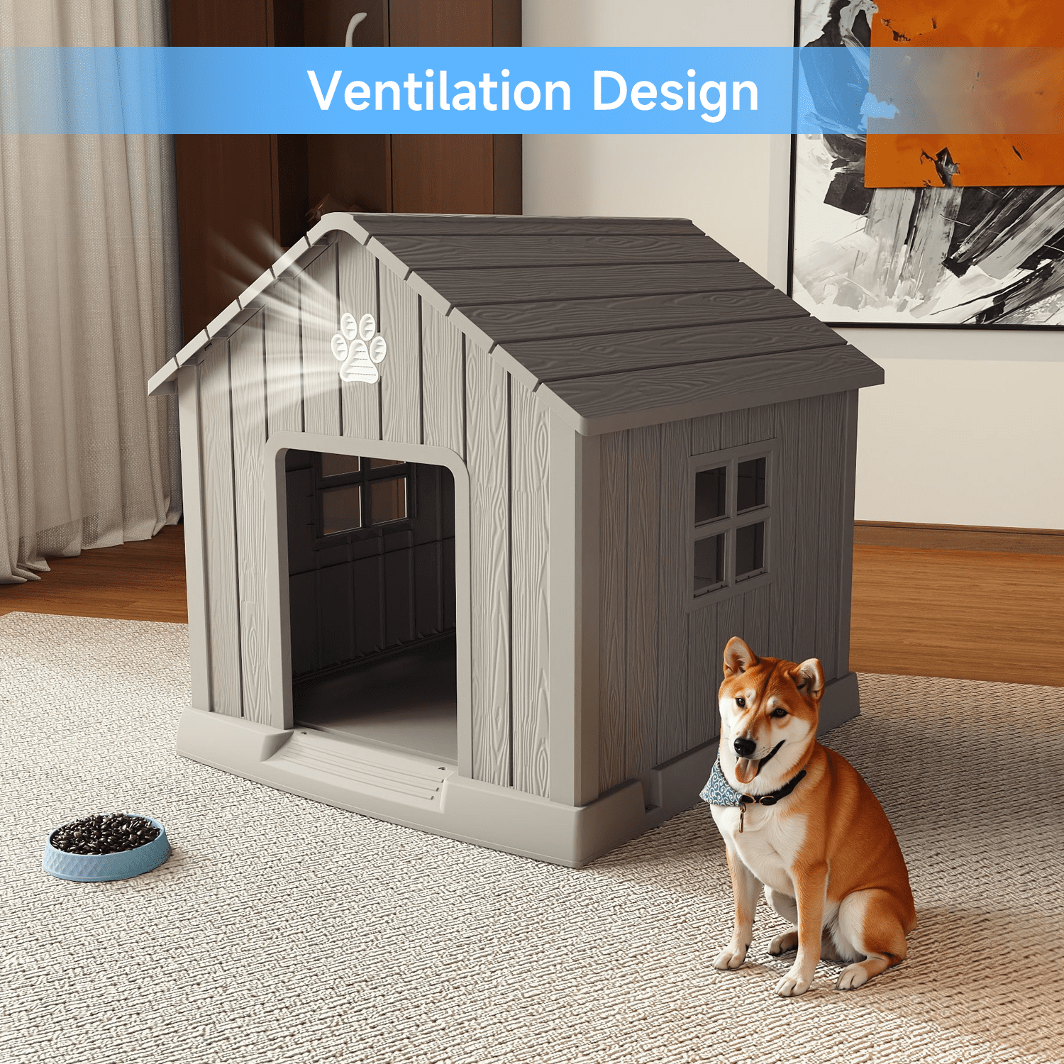 fazzn Durable Waterproof Resin Dog House for Small to Large Sized Dogs, Indoor Outdoor Doghouse Puppy Shelter with Elevated Floor, Easy to Assemble .Blue/Brown.Father's Day Gift