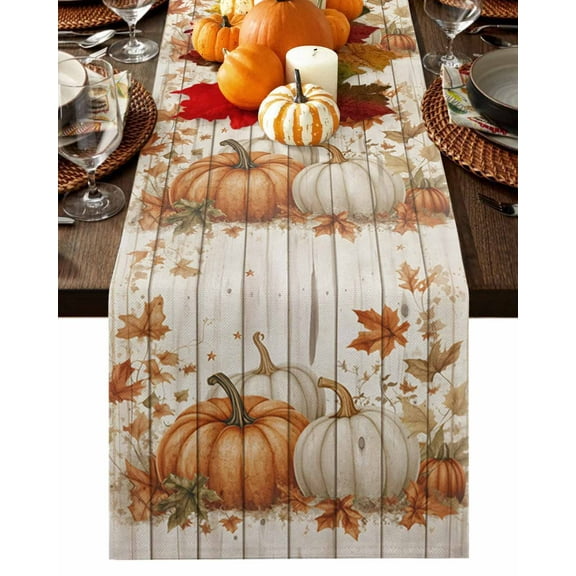 Table Runner Dresser Scarves 36 Inch Long,Thanksgiving Fall Harvest Pumpkin Linen Dining Table Runners Maple Leaves on Wood Plank Tabletop Scarf for Wedding Holiday Party Kitchen