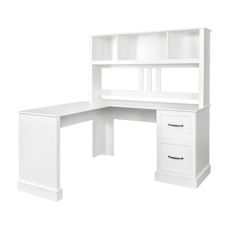 L-Shaped Executive Computer Desk with Hutch, 59.84'' Office Desk Work Desk with 2 Drawers and Storage Shelf for Home Office