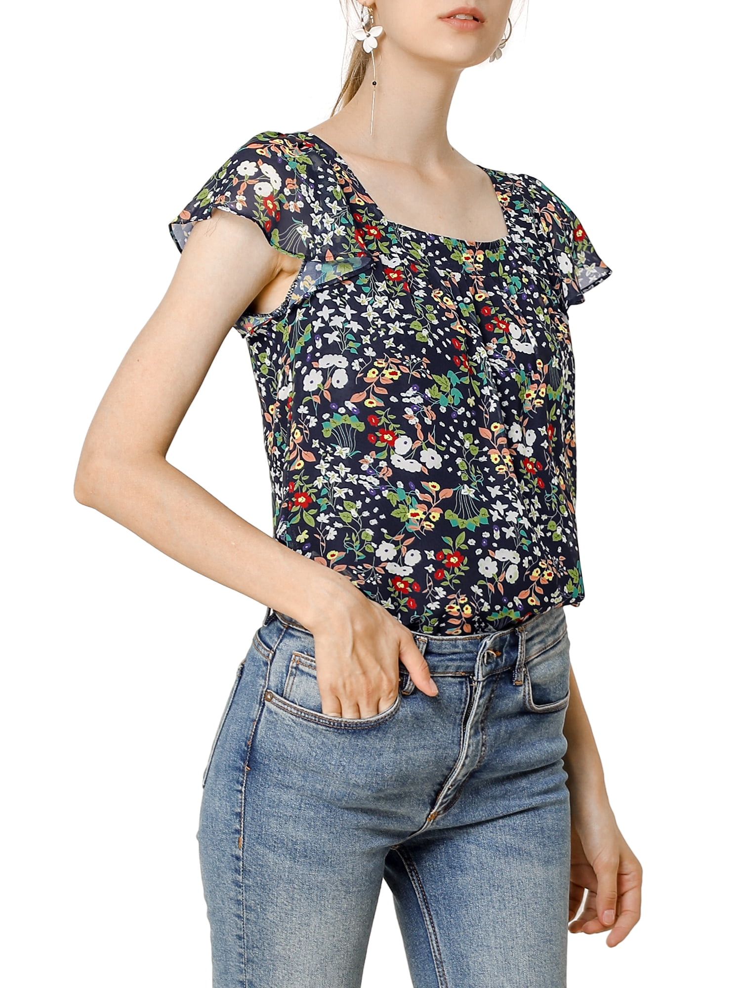 DARING DIVA Women's Floral Ruffle Sleeve Chiffon Blouse Top XS Navy Blue