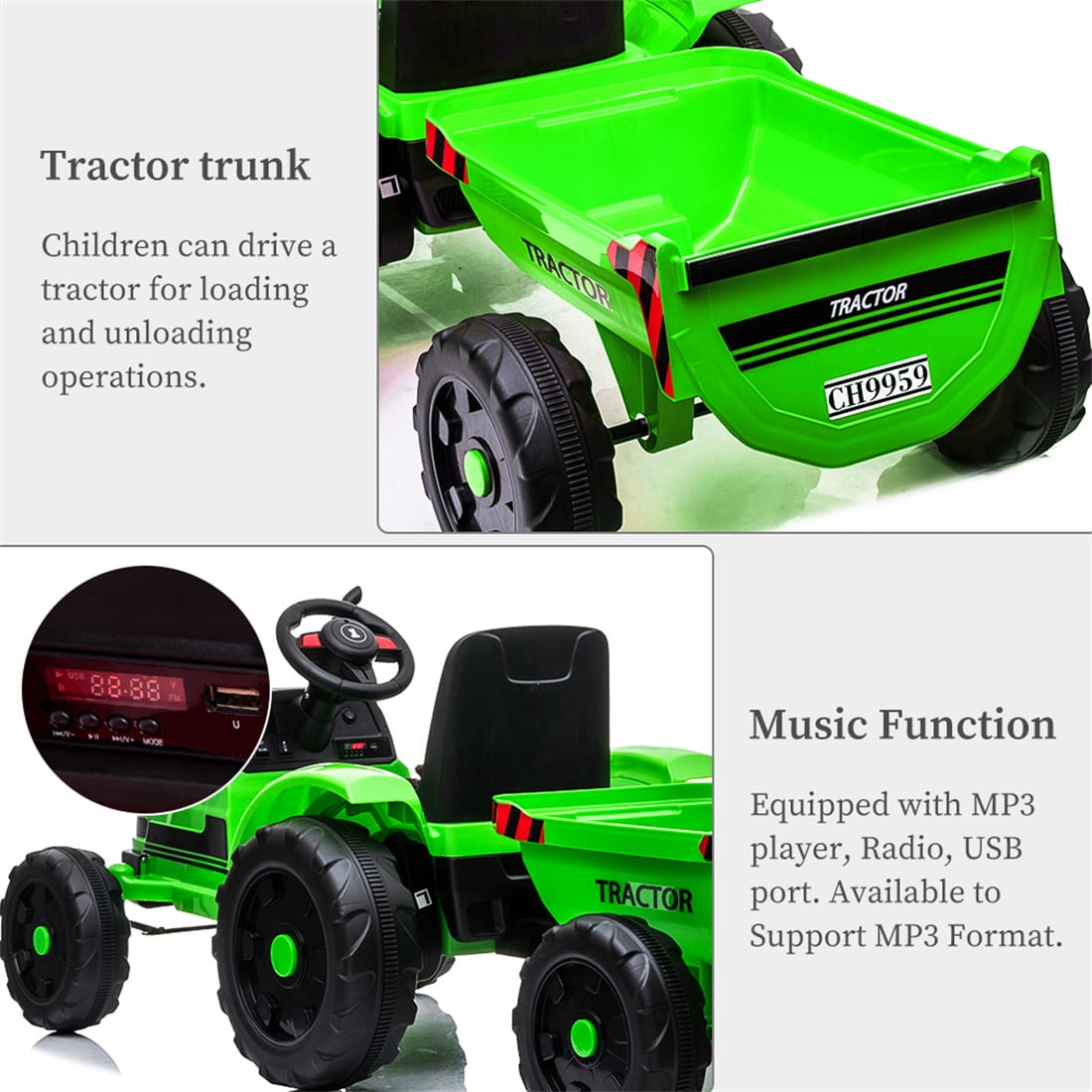 Ride on Tractor, Battery-Powered Toy Tractor with Trailer, 3-Gear-Shift Ground Loader Ride On with LED Lights and USB&Bluetooth, Green Ride on Tractor, Battery-Powered Toy Tractor with Trailer, 3-Gear-Shift Ground Loader Ride On with LED Lights and USB&Bluetooth, Green