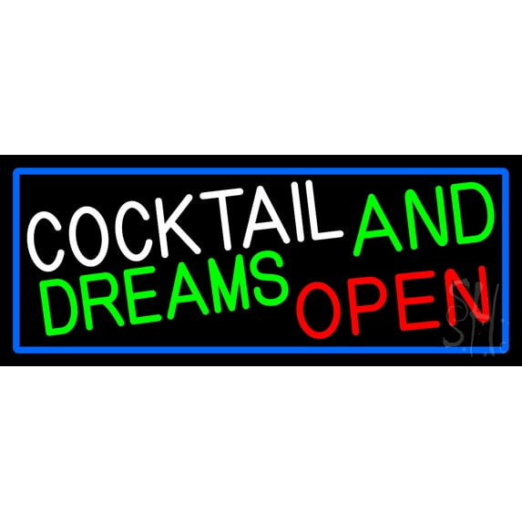 Cocktail And Dreams With Blue Border LED Neon Sign 10 x 24 - inches, Clear Edge Cut Acrylic Backing, with Dimmer - Bright and Premium built indoor LED Neon Sign for Bar decor.