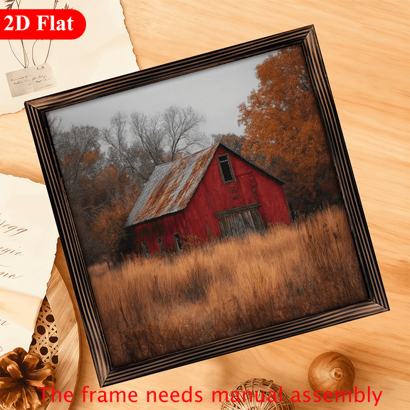 1Pc Wood Frame Sign Vintage Barn Autumn Landscape Wall Art Paintings Ideal Gift For Living Room Bedroom Farmhouse Corridor Wall Decor Room Decoration Ready to Hang 12x12inch