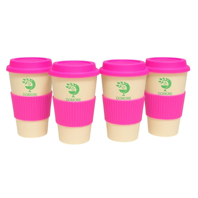 Domore set 4 vasos cafeteros 500 ml rosa fibra de bambú reutilizables con tapa