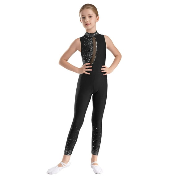 Sinleey Kids Girls Shiny Rhinestone Full Body Bodysuit Sleeveless Ballet Dance Unitard Gymnastics Leotard Jumpsuit Black 12