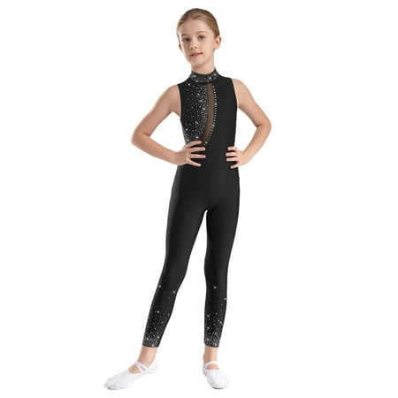 Fldy Girls Gymnastics Unitard Sparkly Sleeveless Full Body Leotard Kids Tumbling Dance Bodysuit One Piece Black 14