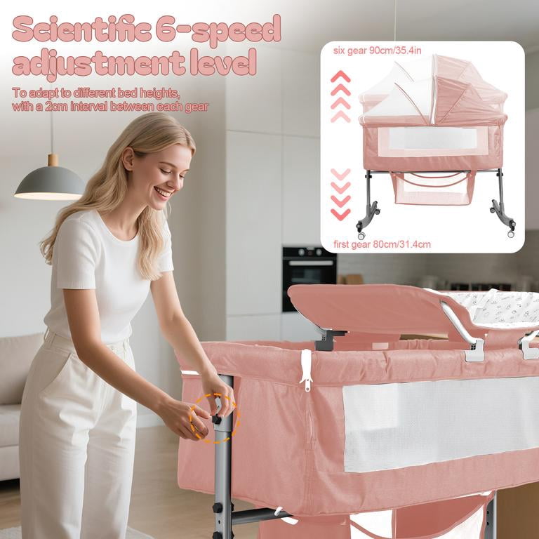 Dapmiu 4-in-1 Convertible Baby Crib, Bedside Sleeper with Changing Table, 6-Level Height Adjustable, Rocking Crib, Silent Wheels, Storage Basket, Mosquito Net, for Newborn to 24 Months,Ash Gray