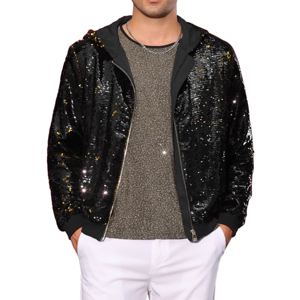 Chaqueta de lentejuelas INSPIRE CHIC para hombres, con mangas largas, cierre de cremallera, chaqueta con lentejuelas brillantes metálicas, color negro