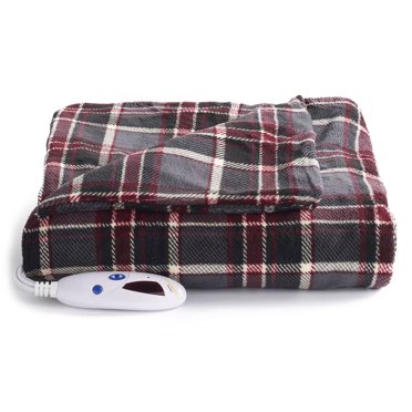 Biddeford Microplush Electric Heated Throw Blanket – Cream & Red Plaid – Great Condition!