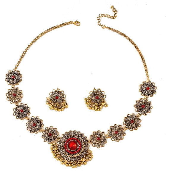 Bollywood Indian Jewelry Sets for Women Wedding Party Jewelry Flower Tassel Beaded Dangle Earring Oxidized Indian Choker Necklace Gold Plated Zirconia Jhumkas Chandelier Earrings Boho Jewelry