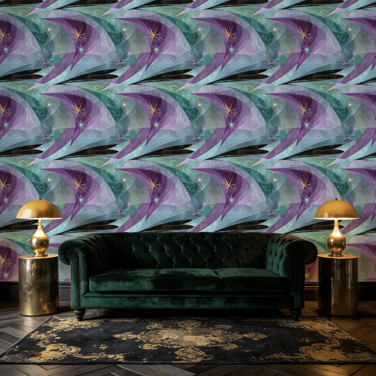 Mid Century Peel and Stick Wallpaper Abstract Geometric Star Patterns Mint Purple Gold 60s Style Wall Mural 23.6in x 9.8ft Self Adhesive Removable Wall Paper Renter Friendly Wallpaper for Bedroom